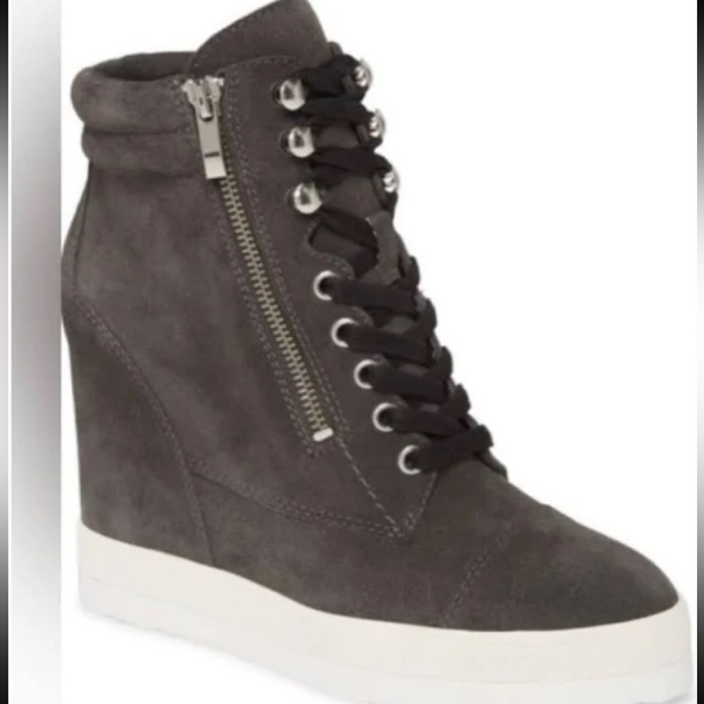 PAIGE Black Suede Wedge Sneakers Side Zip Lace-Up Platform Shoes Size 8 New
